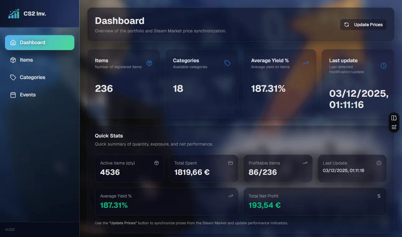 Screenshot of the Investment Tracker application showing portfolio overview and market data.