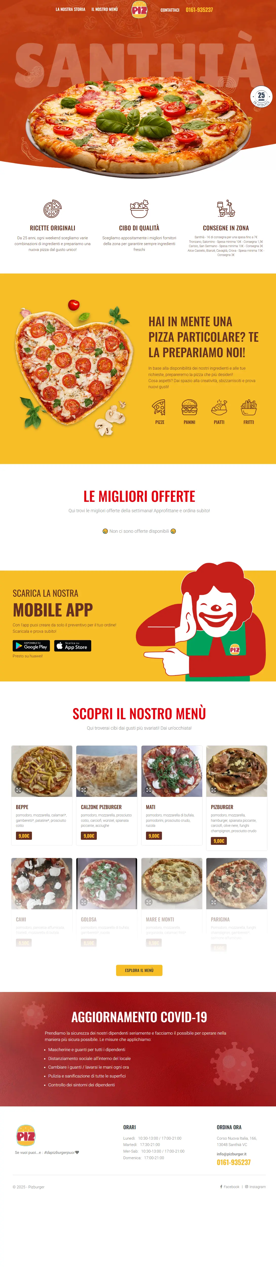 Screenshot of Pizburger's website showcasing menu and ordering options.
